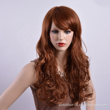 Wholesale high - temperature silk whole head wig head set oblique bangs large wave wig for European and American women